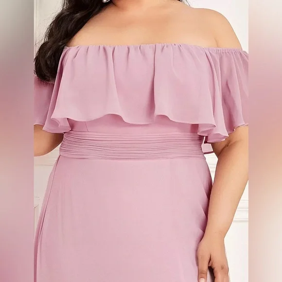 NWT - Plus Size Pink Off the Shoulder Formal Dress with Thigh Split - Picture 2 of 8